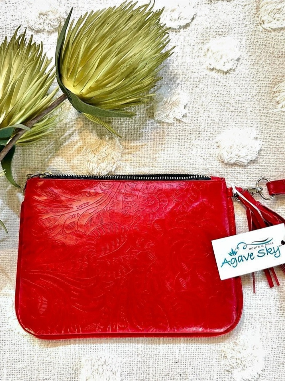 Agave Sky Hand Tooled Leather Envelope Clutch Red